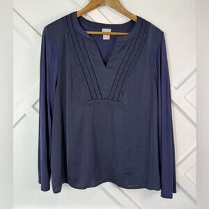 Chico’s Navy Blue Long Sleeve Pintuck Trim Silky Tunic Top Size 2P (L Petite)